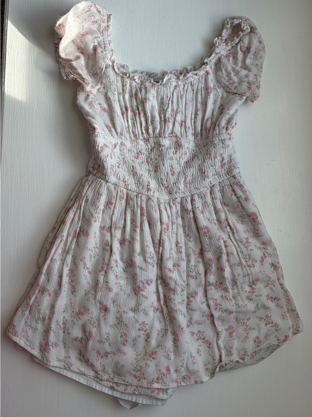 Hollister White Floral Smocked Romper with Pink Roses